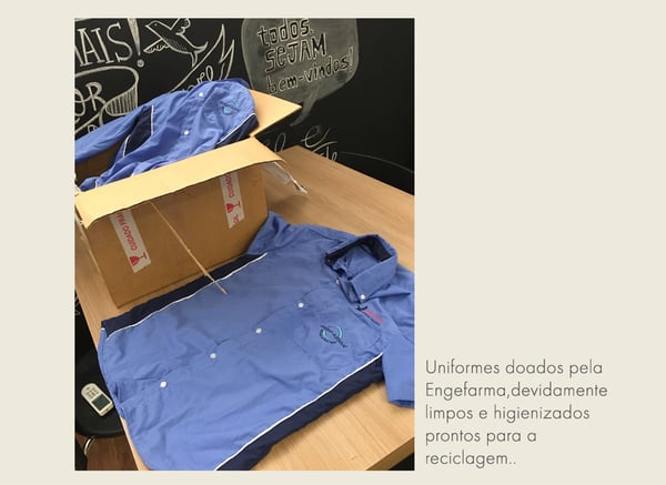 Caixa e camisa de uniformes doados pela Engefarma