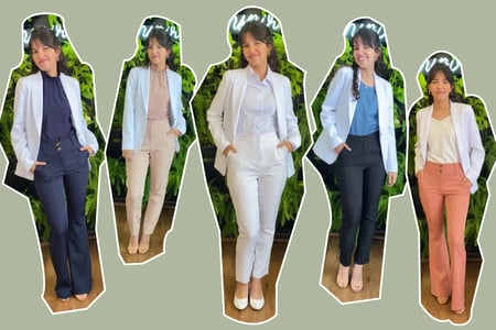 A mesma mulher vestida com cinco looks diferentes com Blazer Branco.