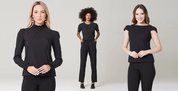 Três mulheres vestindo diferentes modelos de uniforme preto.