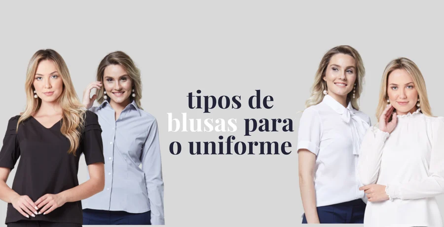 Mulher vestindo diferentes modelos de blusa para uniforme feminino.