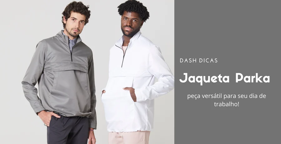 Dois homens vestindo Jaqueta Parka, um na cor cinza e o outro na cor branca