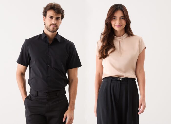 modelo masculino e feminino usando sugestoes de uniformes para cartorio